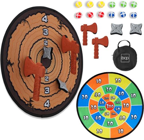 Large Double-Sided Dart Board, Indoor/Outdoor Sport Sticky Ball Foam Axe & Star Throwing Party Game for Kids, Teens, Adults w/Carrying Case