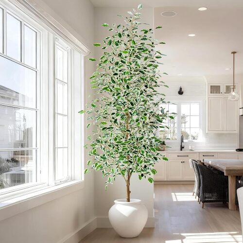 Bailikang 8FT Artificial Ficus Trees Indoor Faux Trees Indoor Fake Floor Plants Tall Artificial Tree with White Pot Faux Tree Fake Indoor Tree Silk Plants Artificial Trees for Home Decor Indoor