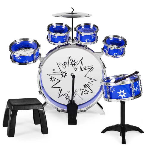 11-Piece Kids Starter Drum Set w/ Bass Drum, Tom Drums, Snare, Cymbal, Stool, Drumsticks - Blue