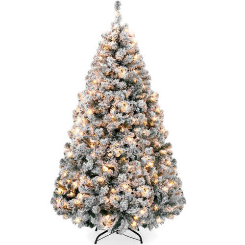 Pre-Lit Snow Flocked Artificial Pine Christmas Tree w/ Warm White Lights 4.5ft
