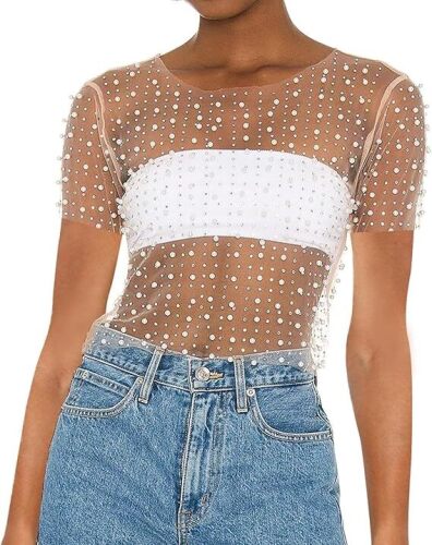 Naileksi Women Pearl Rhinestone Sheer Mesh Crop Tee Top Sexy See Through Short Sleeve Slim Fit Crop T-Shirt Club Summer