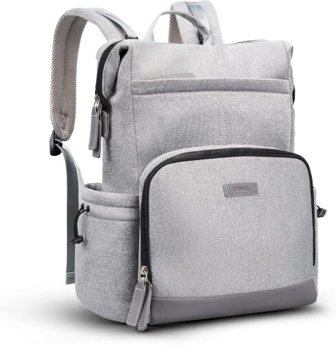 VONAL Neoprene Diaper Bag Backpack with Changing Pad, 33L Large Capacity Neoprene Backpack Baby Diaper Bag with Insulated Pockets, Travel Diaper Backpack Baby with 12 Pockets for Mom & Dad, Gray