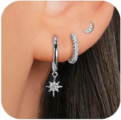 Earring Set for Women Sterling Silver Earring Stacks Trendy CZ Huggie Cross Hoop Star Moon Earrings Stack