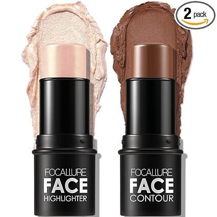 FOCALLURE 2 Pcs Contour Foundation Stick, Highlighter & Bronzer Pen, Face Brightens & Shades Pencil, Highlighting Shade Longwear Makeup, Highlight Bronzer Shaping Trimming Stick,Neutral