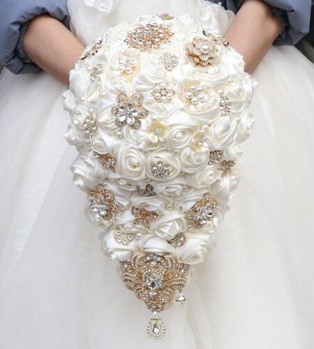 Luxury Cascade Bridal Wedding Bouquet Satin Rose Waterfall Holding Bouquet Artificial Flower Bunch for Bride Bridesmaid(Ivory, 17.3" x 8.7")