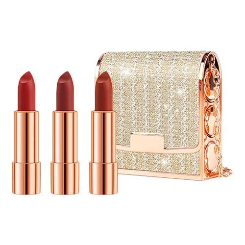 Newvenper Matte Lipstick Set 3 Colors Lip Stick with Sliver Chain Bag Package Velvet Lip stick Set Waterproof Non-Stick Cup Long Lasting Retractable Red Lipstick Set 3.5gx3 Pc