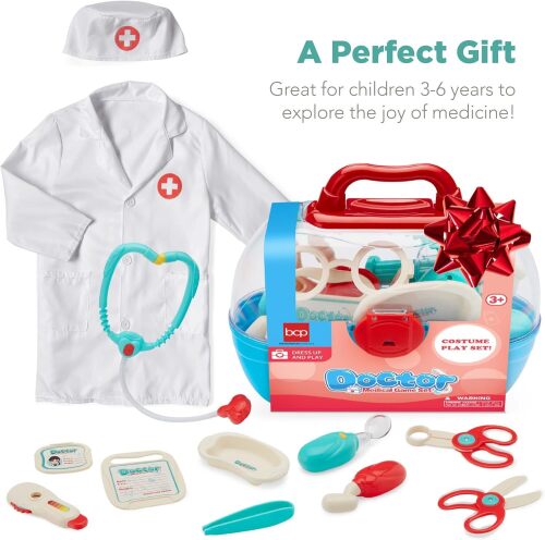 Pretend Play Doctor Kit, Boys & Girls Doctor's Outfit, Toy Medical Set w/ 18 Accessories, Coat, Hat, Carrying Case, 2 LED Toys