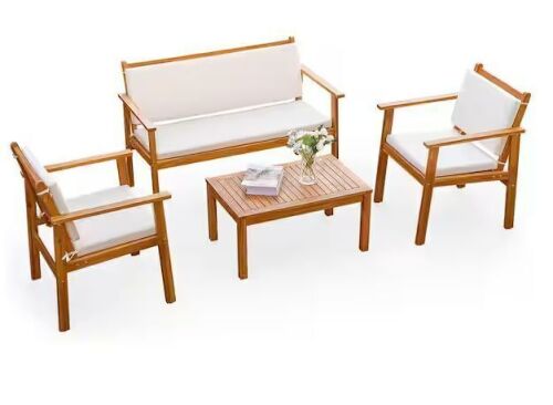 Tozey Chillrest 4-Piece Acacia Wood Patio Conversation Set with Cream Cushion