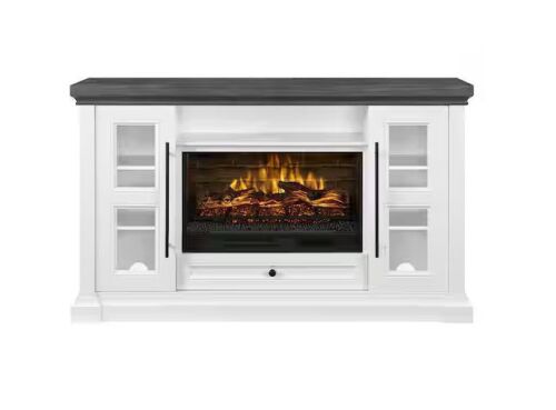 Whalen 65 in. Fireplace Freestanding Console-Pure White Finish and Medium Brown Oak Top