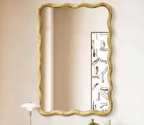 24 in. W x 36 in. H Rectangle Natural Wood Framed Wavy Wall Mirror