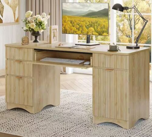 Bestier 63 in. Natural Fluted Executive Desk with 4 Drawers and Flip-Down Keyboard Tray