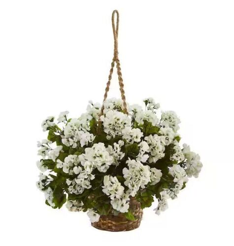 Nearly Natural Indoor/Outdoor UV Resistant White Geranium Hanging Basket Artificial Plant