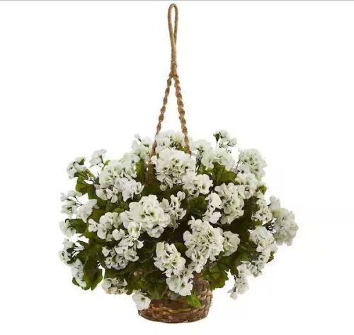 Nearly Natural Indoor/Outdoor UV Resistant White Geranium Hanging Basket Artificial Plant