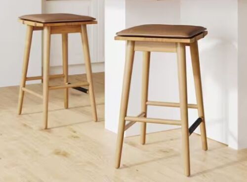 Nathan James Barker 25 in. Counter Height Wood Barstool with Leather Removable Cushion, Chestnut Brown, Set of 2