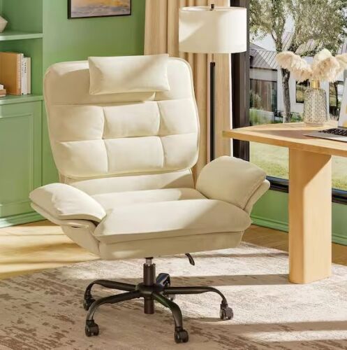 Bestier Velvet Seat High-Back Ergonomic Office Chair in Beige with Adjustable Padded Arms, Swivel Chair with Padded Headrest
