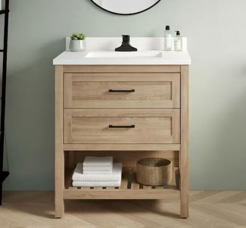 Home Decorators Collection Autumn 30 in. Single Sink Weathered Tan Bath Vanity with White Engineered Stone Top