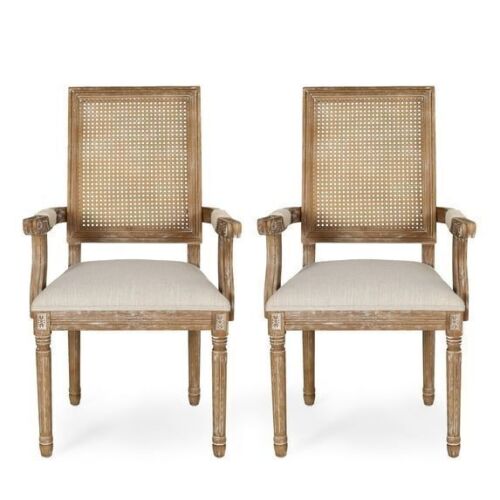 French Country Upholstered Wood and Cane Dining Chairs, Set of 2