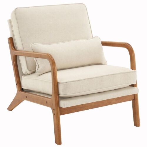 Mid Century Modern Accent Chair, Linen Fabric Armchair with Solid Wood Frame Beige
