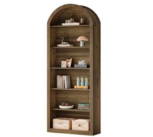 BYBLIGHT Eulas 77.16 in. Tall Brown Wood 6-Shelf Arched Bookshelf