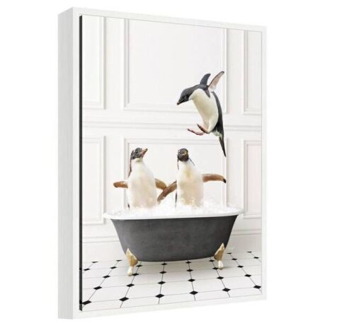 Kate and Laurel Sylvie "Penguins in Classic Black and White Bath" by Amy Peterson Animals Framed Art Print 24 in. x 18 in.