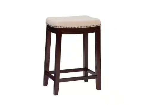 Linon Home Decor Concord 26.5 in. Dark Walnut Brown and Beige Backless Wood Counter Stool with Fabric Seat