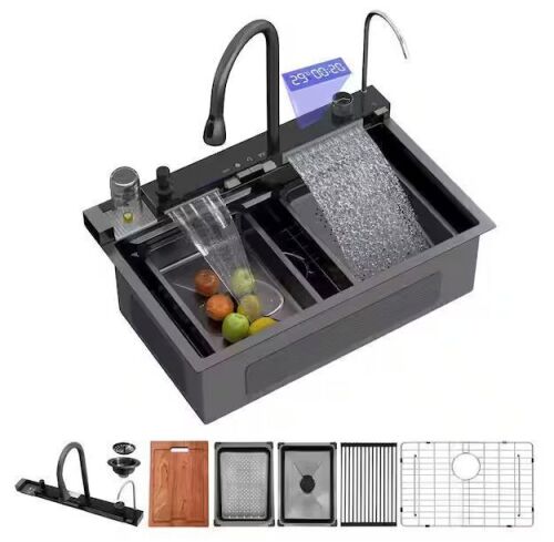 LORDEAR 30 in. Drop-In Gunmetal Black Single Bowl 16-Gauge Stainless Steel Workstation Kitchen Sink with Faucet Combo Set