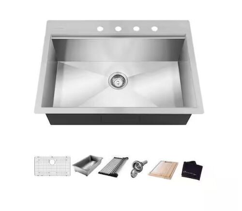 Glacier Bay Zero Radius 30 in. Drop-In Single Bowl 18 Gauge Stainless Steel Kitchen Sink with Accessories