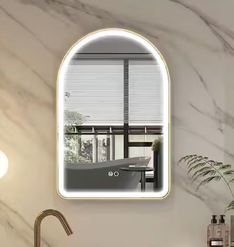 WELLFOR BONIE 24 in. W x 36 in. H Arched Framed LED Anti-Fog Wall Bathroom Vanity Mirror in Brushed Gold