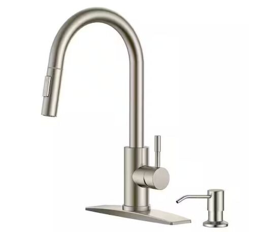 Single Handle Pull Down Sprayer Kitchen Faucet with Soap Dispenser and Deckplate in Brushed Nickel