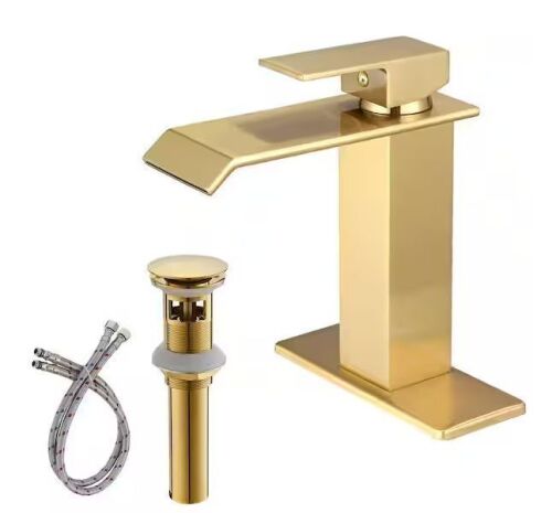 BWE Waterfall Single Hole Single-Handle Low-Arc Bathroom Faucet With Pop-up Drain Assembly in Brushed Gold
