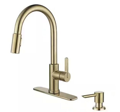 Glacier Bay Paulina Brushed Gold 16.53 in. High 1 Handle P/Down Sprayer Kitchen Faucet with 360° Swivel Spout and Soap Dispenser