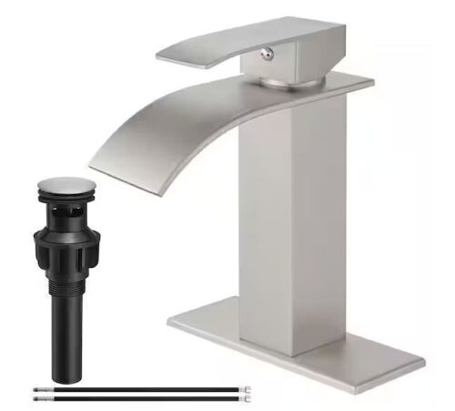 Single Handle Single Hole Waterfall Spout Bathroom Sink Faucet with Pop up Drain in Brushed Nickel