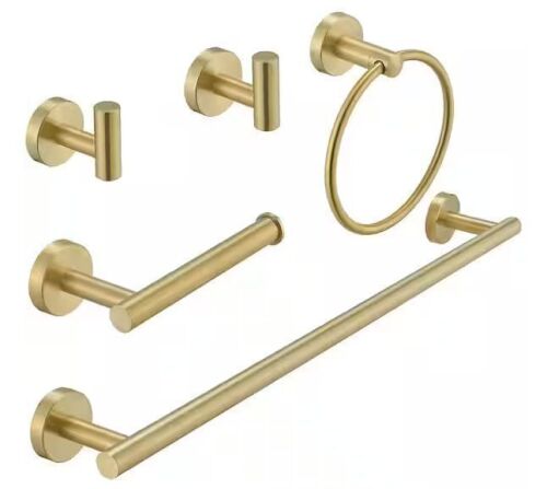 BWE 5-Piece Bath Hardware with Towel Bar Towel Hook Toilet Paper Holder and Towel Ring Set in Brushed Gold