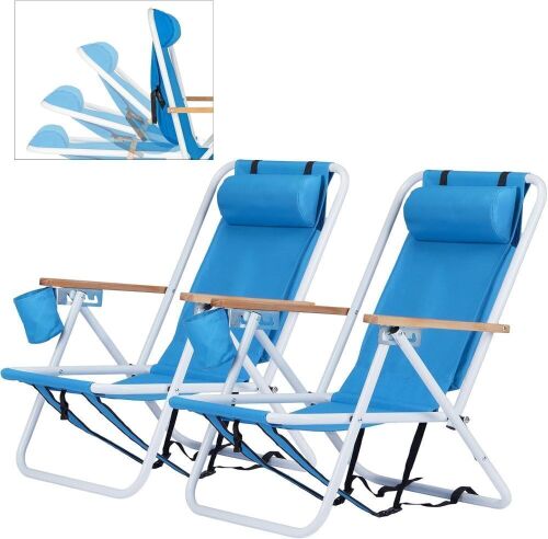 Folding Beach Chair Adjustable Headrest w/4 Flexible Tilt Angle, 2 Pack