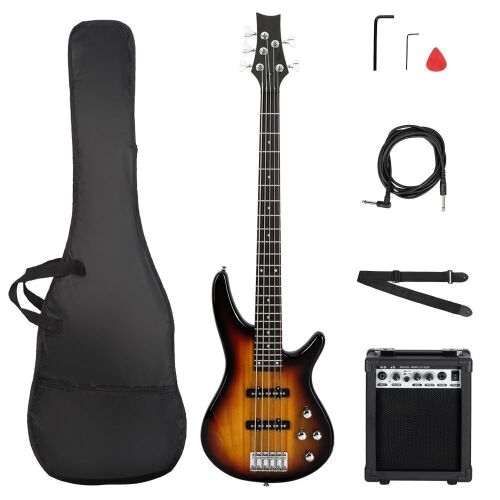 Electric 5 String Bass Guitar with 20 Watt Amplifier, JB Type Pickup, Naturally Air-dried Maple Neck, Rosewood Fretboard, Basswood Body