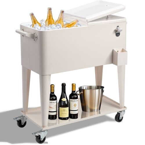 80 Qt Rolling Ice Chest Cooler Cart with Storage Shelf, Bottle Opener & Cap Collector