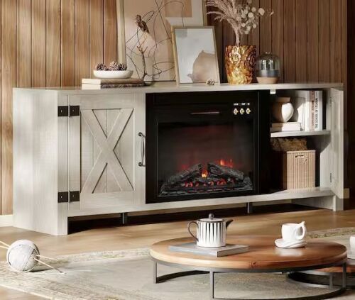 Bestier Farmhouse 63 in. Freestanding Electric Fireplace TV Stand Fits TVs up to 70 in. with Storage Cabinet in Wash Grey