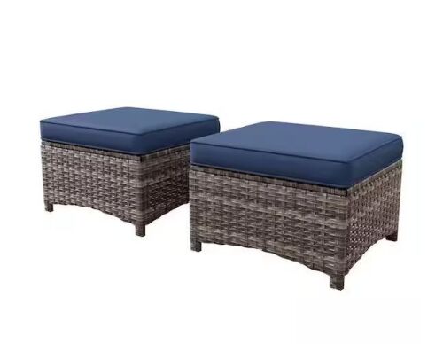 JOYSIDE Wicker Outdoor Patio Ottoman with Blue Cushions (Set of 2)