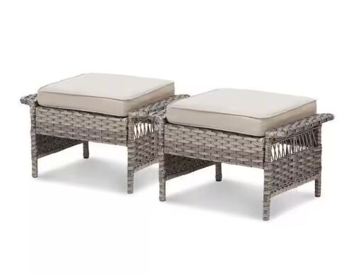 Opohoro GliderNet Metal and Brown Wicker Outdoor Ottoman with Olefin Beige Cushion (2-Pack)
