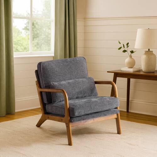 Armchair with Rubber Wood Frame & Lumbar Pillow