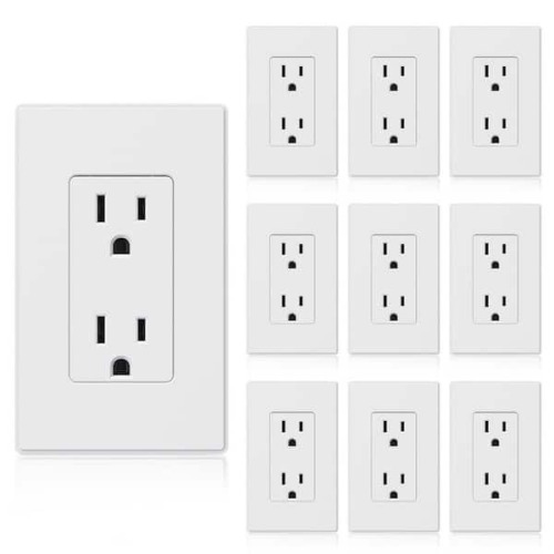Decorator 15 Amp 125-Volt Residential Grade Self Grounding Duplex Outlet, with Wall Plate, Matt White (10-Pack)