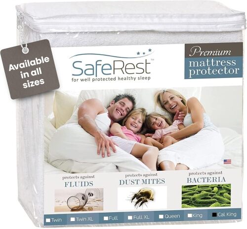 SafeRest Waterproof California King Size Mattress Protector - Fitted with Stretchable Pockets - Machine Washable Cotton Blend Mattress Cover for Bed
