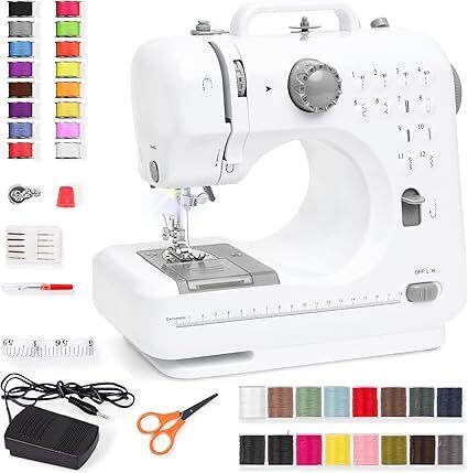 Compact Sewing Machine, 42-Piece Beginners Kit, Multifunctional Portable 6V for Beginner w/ 12 Stitch Patterns, Light, Foot Pedal, Storage Drawer - Gray/White