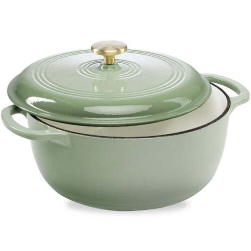 Cast-Iron Dutch Oven Kitchen Cookware w/ Enamel, Handles - 6qt -sage