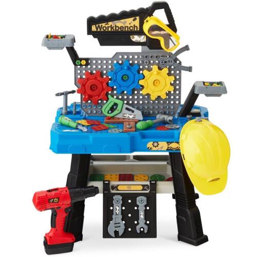 Pretend Play Kid's Workbench, Child's Construction Toy Set w/ 150 Accessories, Electric Drill - Blue