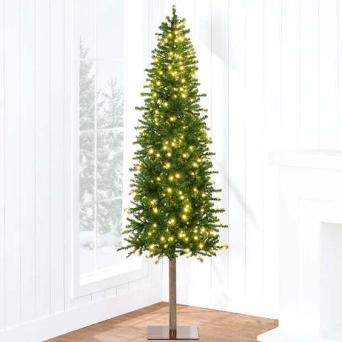 Pre-Lit Artificial Alpine Slim Pencil Christmas Tree w/ LED Lights, Stand 6ft