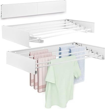 Wall Mounted Laundry Drying Rack, Carbon Steel Foldable & Retractable Clothes Drying Rack, Space Saving Adjustable Towel Holder for Bathroom, Laundry, Small Spaces
