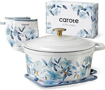 CAROTE 5 QT Cast Iron Dutch Oven Pot with Lid, Enameled Floral Dutch Ovens with Cotton Potholders & Oven Gloves, Gift Box, Cast Iron Pot for Sourdough Bread Baking, Braising, Stews, Roasting, Dual Handles, All Stovetop Compatible, Oven Safe up to 500° F