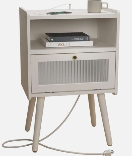 SOOWERY Mid Century Modern Nightstand with Charging Station, Bedside White