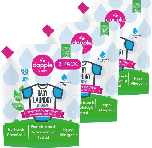 Dapple Baby Laundry Detergent, Powered by Plants, Concentrated, Hypoallergenic, Fragrance Free, Eco-Friendly Pouch, Stain Remover, 34 Fl Oz (3 Pack)